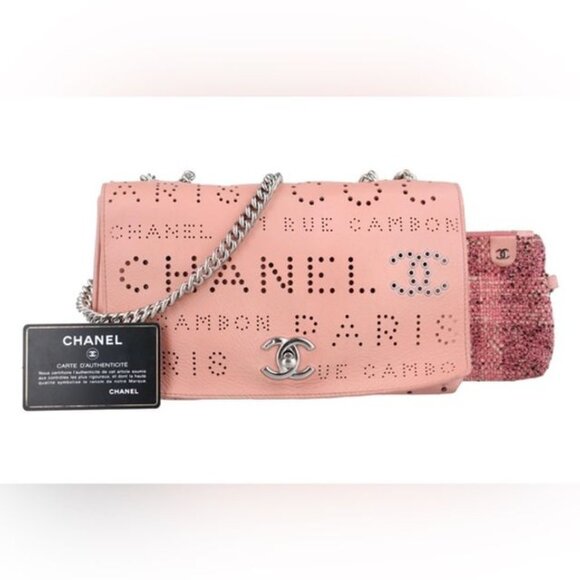 Chanel Leather Crossbody Perforated Eyelets Logo Mania Print Flap Bag - Picture 1 of 10